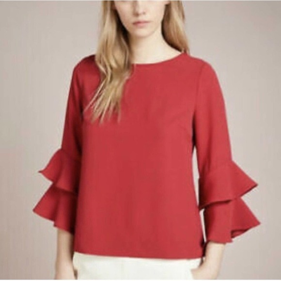 J. Crew Womens Lanatiered Crepe Ruffle Bell Sleeve Blouse Size 2 Green Excellent - Picture 9 of 10